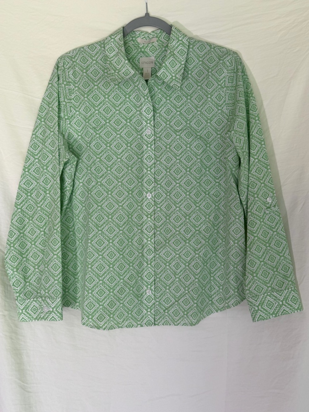 Chico's Green and White Geometric Button-Up